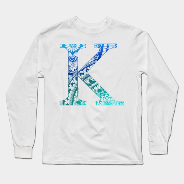 Mandala Letter Capital K Blue Long Sleeve T-Shirt by Shaseldine